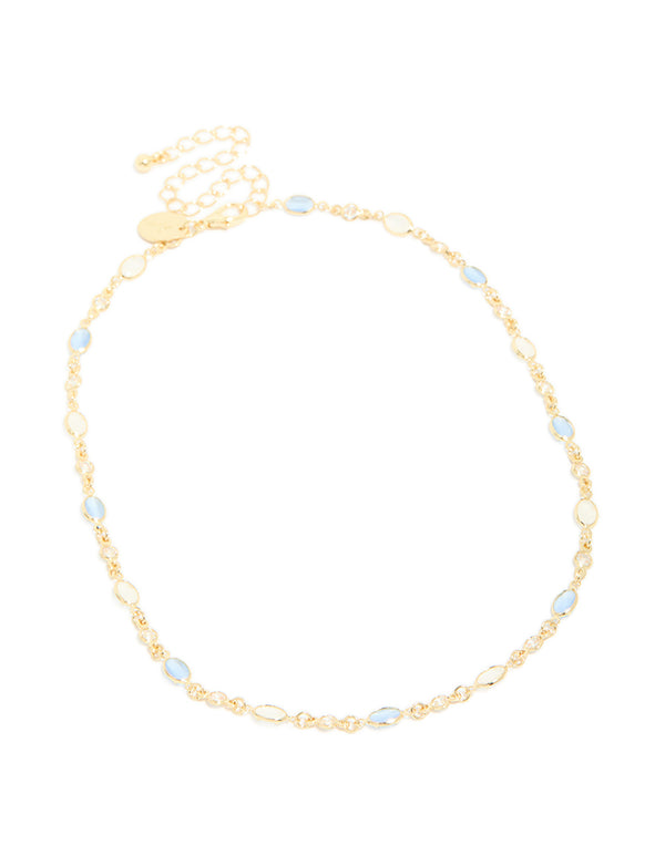 Gold Plated Blue & White Oval Cubic Zirconia Necklace