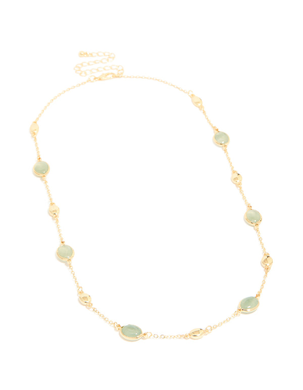 Gold Plated Green Oval Stone Necklace