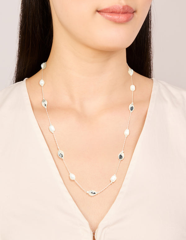 Silver Plated Molten & Freshwater Pearl Adjustable Necklace