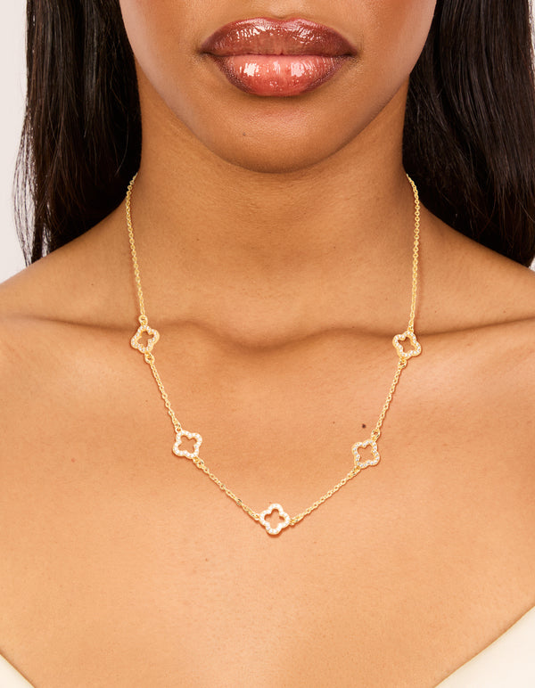 Gold Plated Cubic Zirconia Flower Charm Necklace