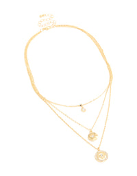 This layered necklace is crafted from gold plating featuring cubic zirconia, evil eye, and circle pendants front view - link has visual effect only