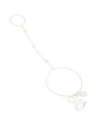 Showcasing a silver plated hand chain bracelet featuring cubic zirconia front view - link has visual effect only