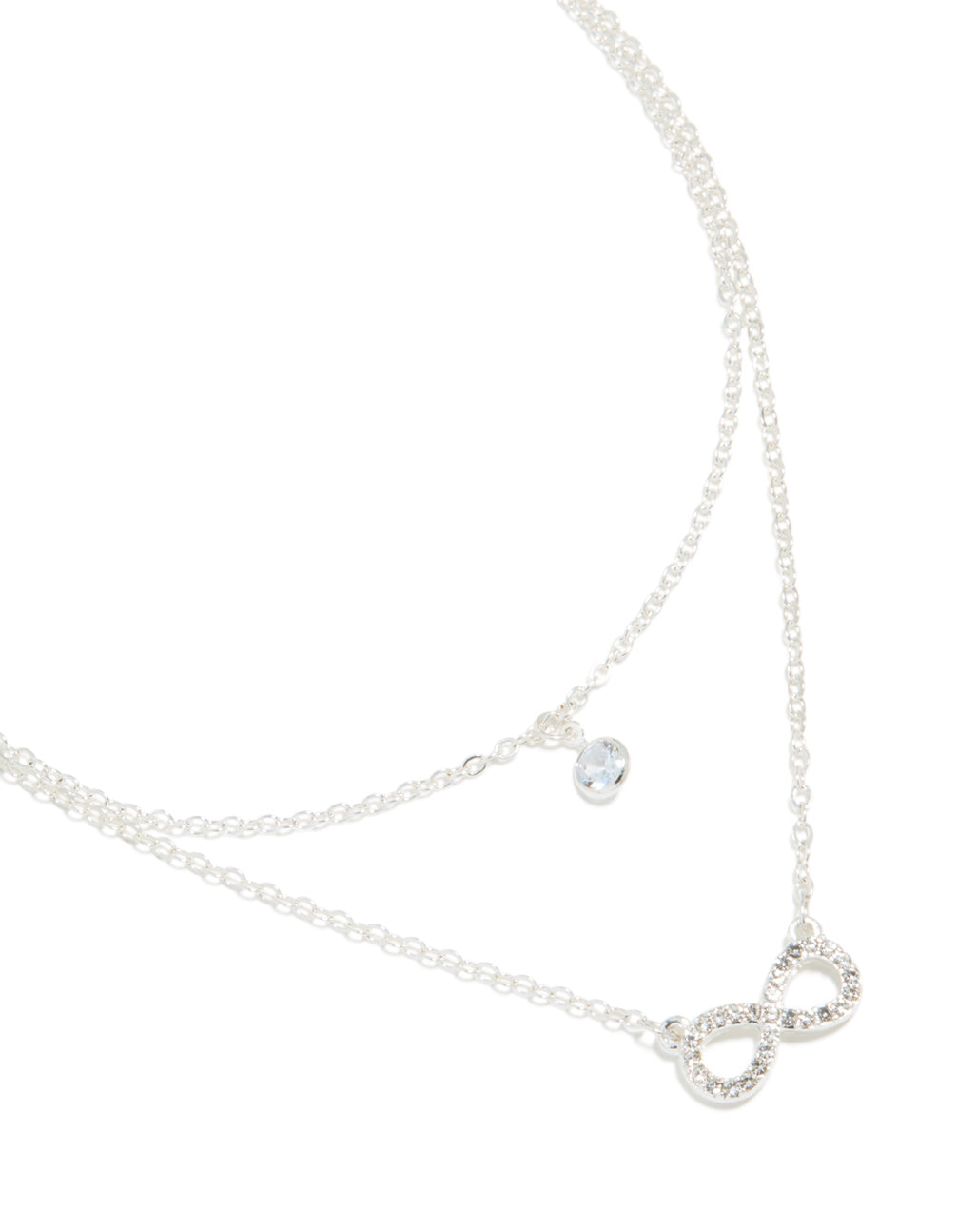 Featuring a diamante with infinity pendant in layered silver necklace close up view