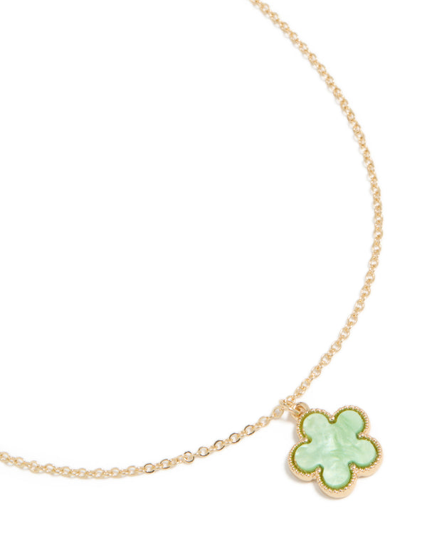 Gold Light Green 5 Petal Flower Necklace