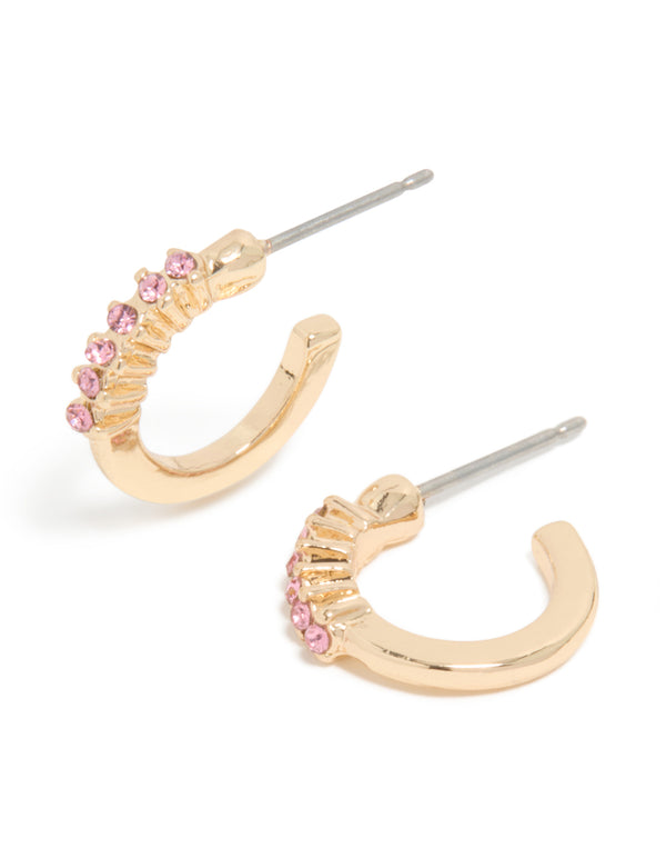 Gold Pink Diamante Row Huggie Earrings