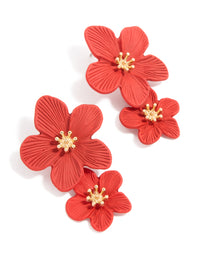 Gold Double Red Flower Earrings - link has visual effect only