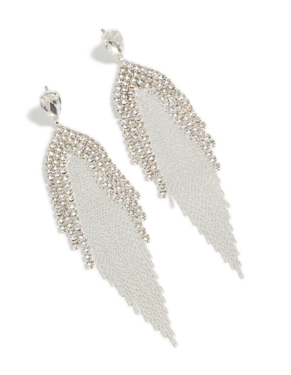 Elegantly crafted silver diamante dazzle chain drop earrings with tassel in a statement style front view