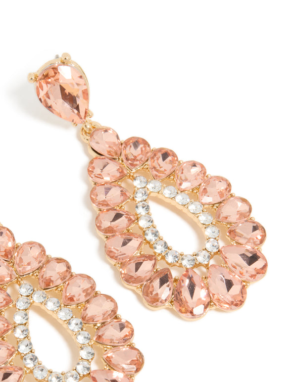 Gold Pink & Clear Diamante Elegant Pear Drop Earrings
