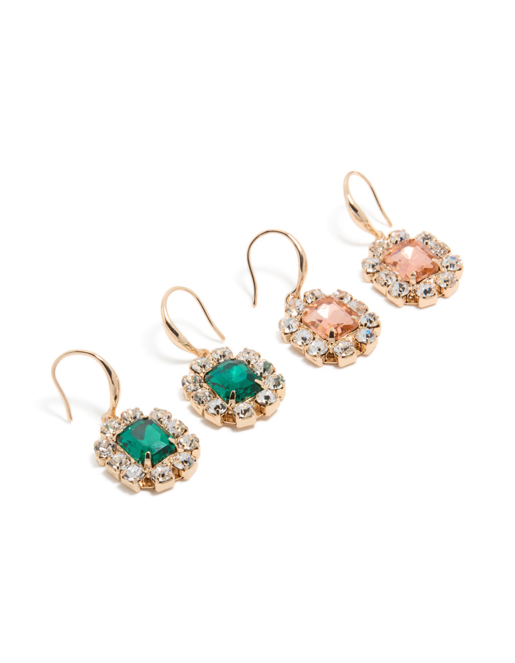 Crafted with gold pink and green diamante dainty huggie earrings in a 2-pack featuring clear accents front view
