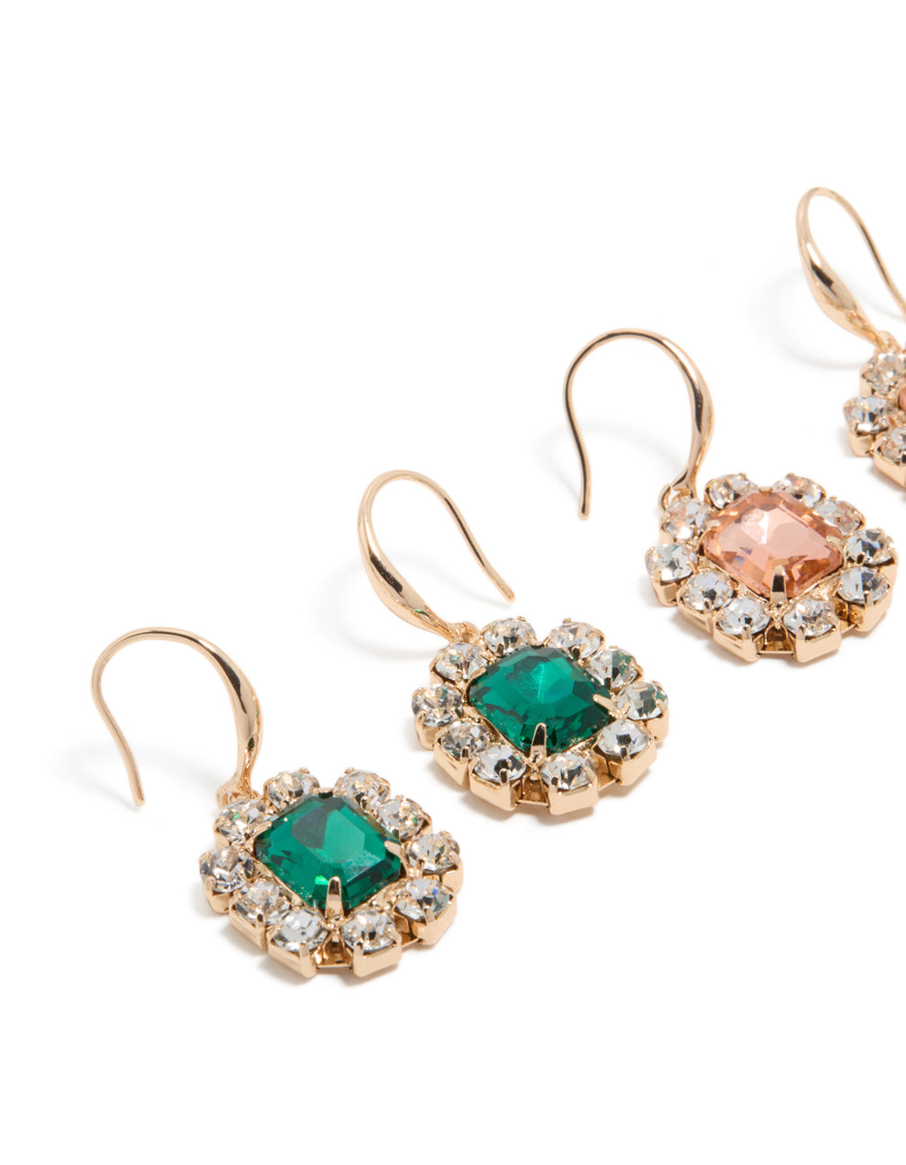 Designed with gold pink and green diamante dainty huggie earrings in a 2-pack featuring clear accents close up view