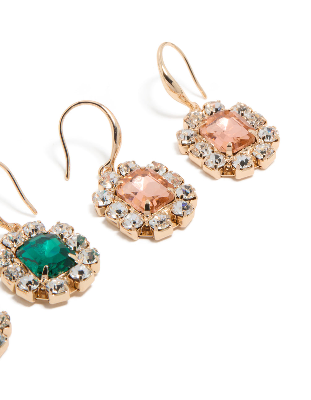 Designed with gold pink and green diamante dainty huggie earrings in a 2-pack featuring clear accents close up view