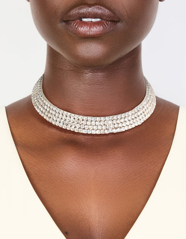 This statement silver diamante choker necklace sits elegantly on neck view