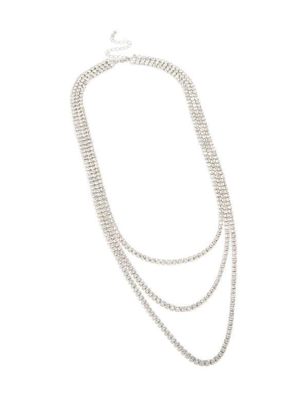 Featuring a diamante tennis triple layered necklace in silver front view