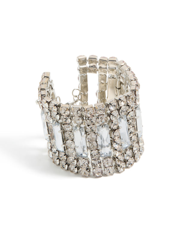 Crafted from silver featuring colossal diamantes in a statement bracelet front view