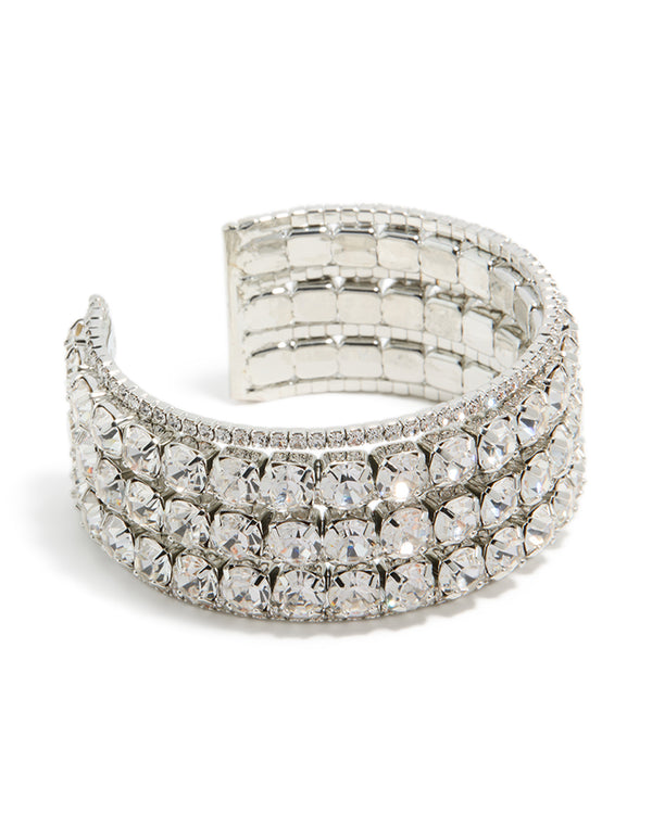 Crafted with radiant diamantes, this large silver wrist cuff features statement bangle design in front view