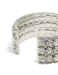 Highlighting the radiant diamante embellished large statement wrist cuff bangle in silver with detailed closure detail view - link has visual effect only