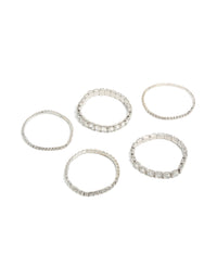 Showcasing silver shimmer diamante stretch bracelets in a 5-pack front view - link has visual effect only