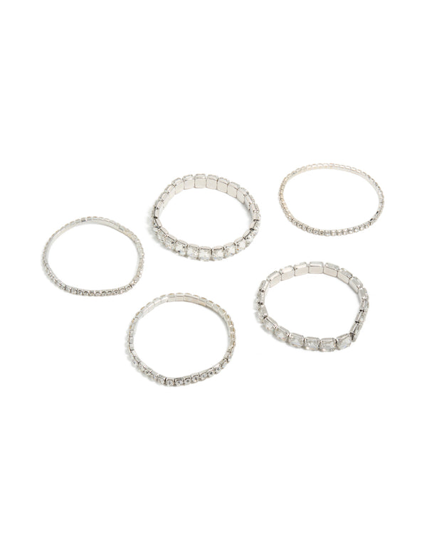Showcasing silver shimmer diamante stretch bracelets in a 5-pack front view
