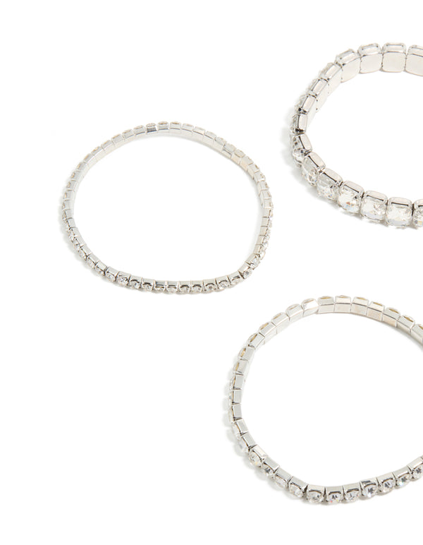 Beautiful silver shimmer diamante stretch bracelets in a 5-pack close up view