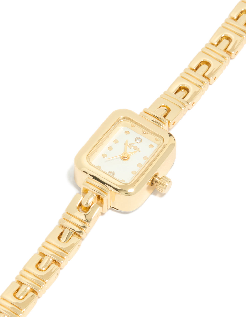 Elegant gold Egyptian link mini watch featuring a white rectangle dial, crafted for women in a dainty casual analog style watch face detail view