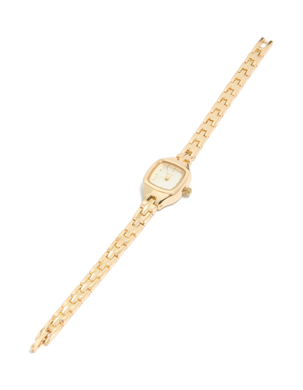 Designed for women, this gold vintage mini square watch features white dial, crafted for casual occasions with link band strap and analog display front view