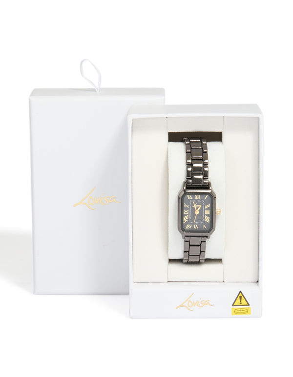 Black Coated Metal  Rectangle Roman Numeral Watch