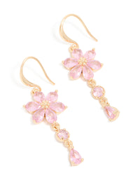 Featuring gold pink cubic zirconia flower hook earrings front view - link has visual effect only