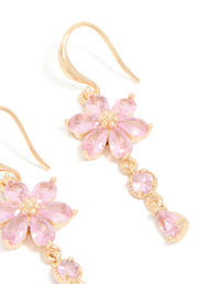 Displaying gold pink cubic zirconia flower hook earrings post detail view - link has visual effect only