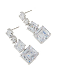 Featuring silver cubic zirconia square drop earrings in a front view - link has visual effect only