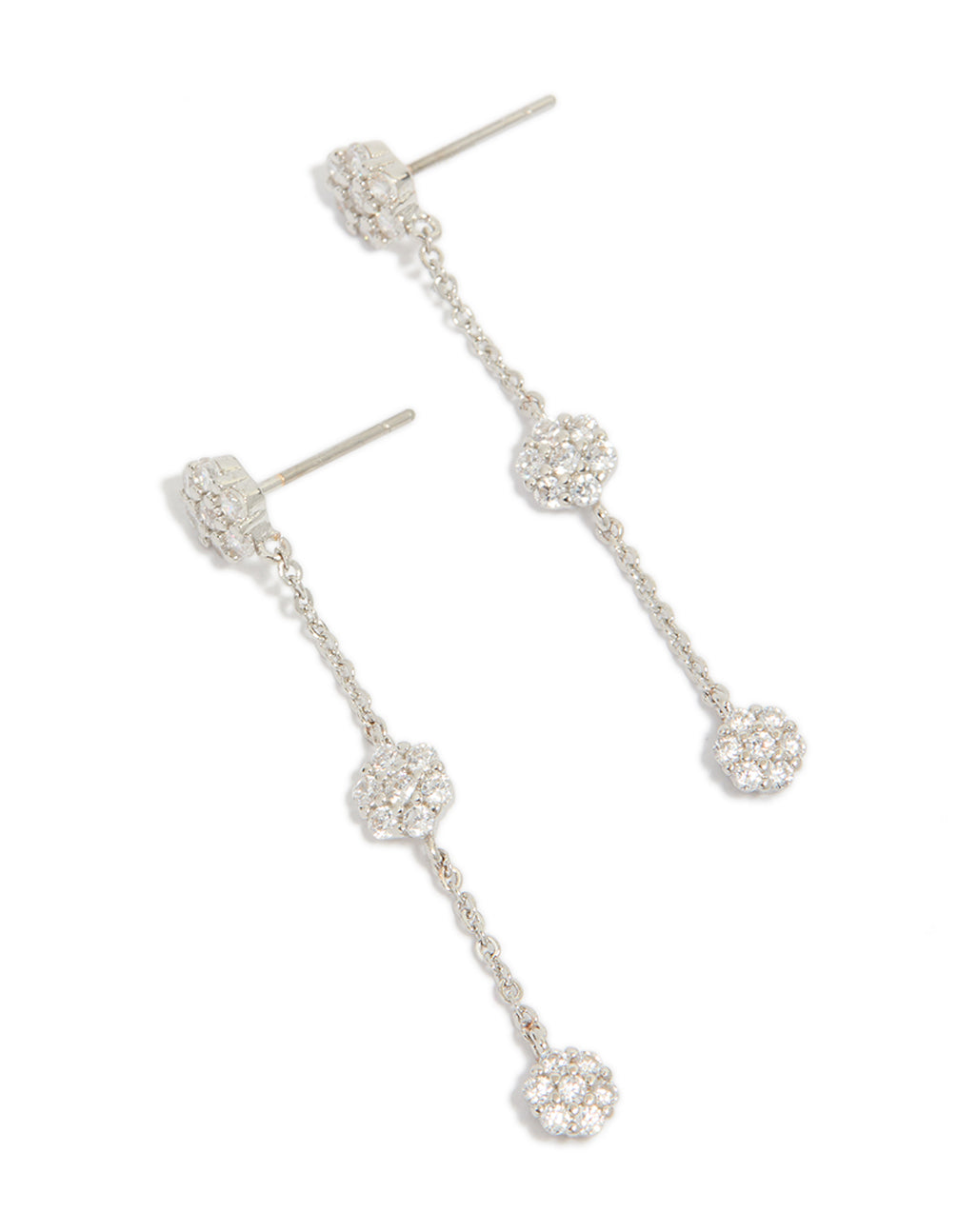 Elegant silver cubic zirconia mini floral drop earrings featuring delicate chain and flower cluster details front view