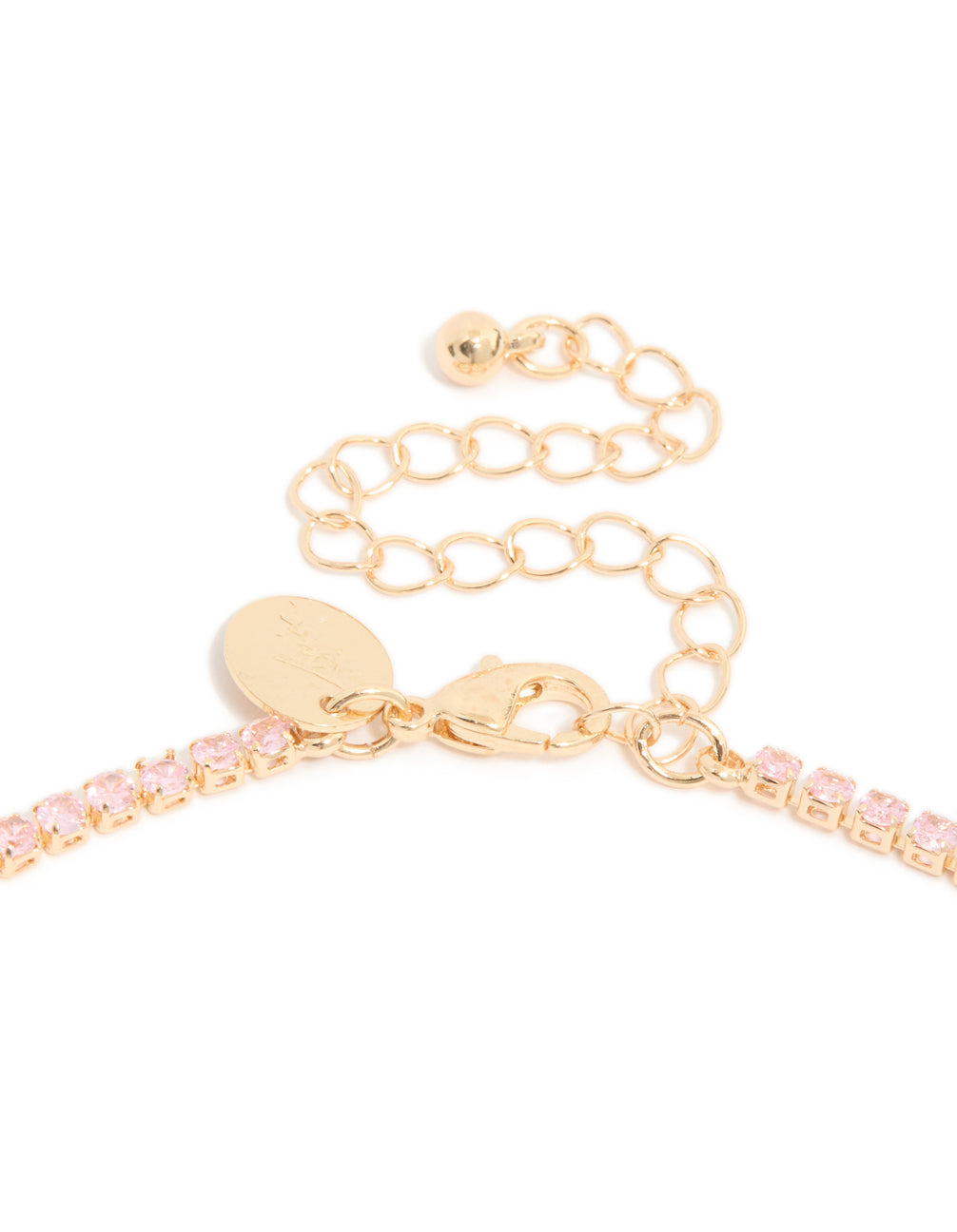 Highlighting the dainty gold cubic zirconia tennis necklace clasp detail view