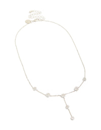 Elegantly presented cubic zirconia mini floral y necklace in dainty silver front view - link has visual effect only