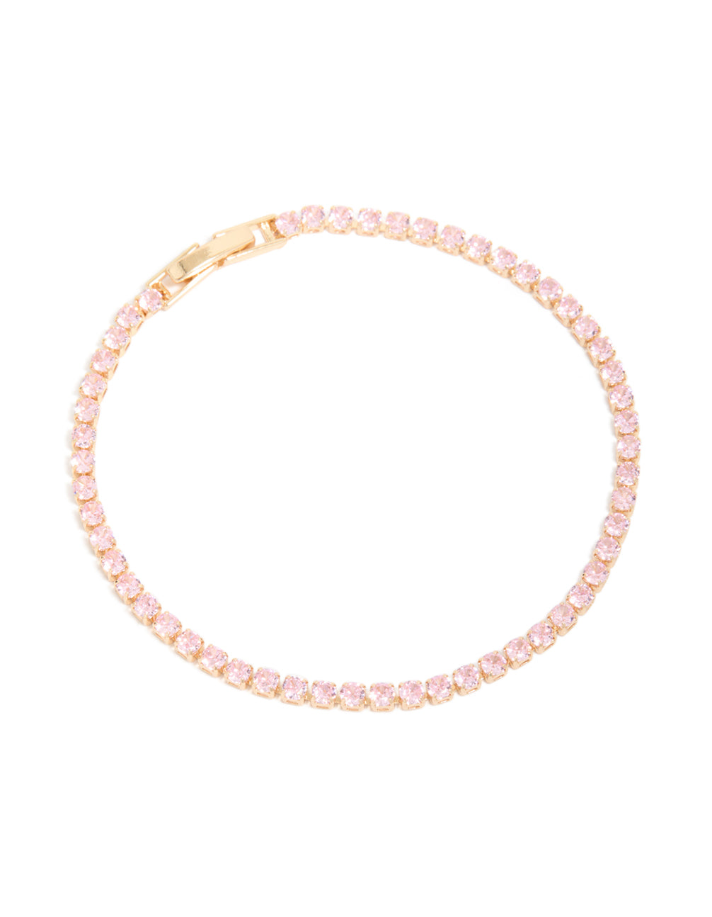 Featuring a gold pink cubic zirconia dainty tennis bracelet in light pink front view
