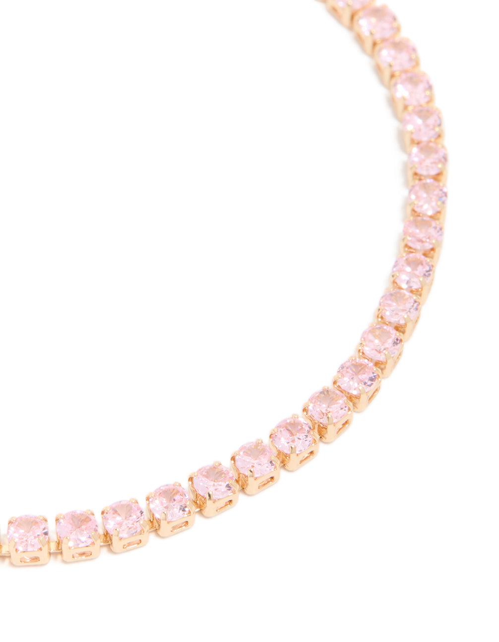 Designed with gold pink cubic zirconia dainty tennis bracelet in light pink close up view