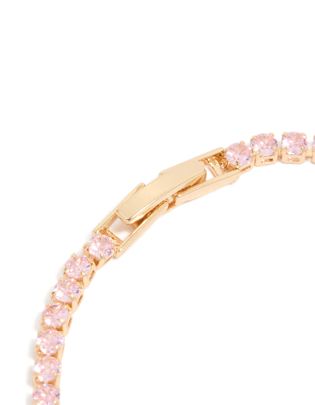 Presenting a gold pink cubic zirconia dainty tennis bracelet in light pink closure detail view