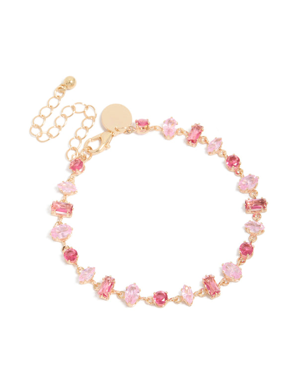 Elegant bracelet with light pink and hot pink cubic zirconia in a dainty gold design front view