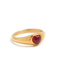 Elegant waterproof gold plated stainless steel petite heart ring with crimson stone side detail view - link has visual effect only