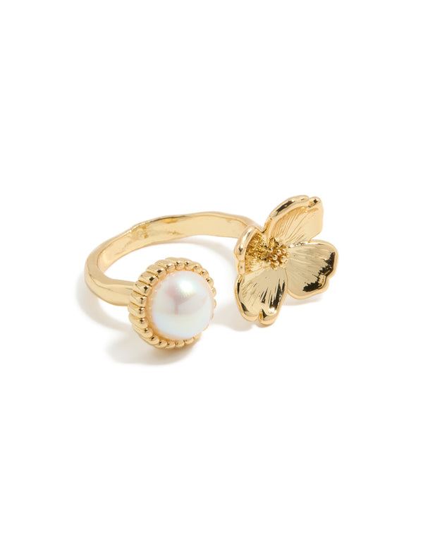Gold Plated Pearl & Flower Ring