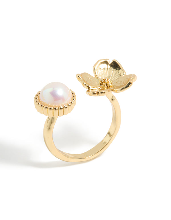 Gold Plated Pearl & Flower Ring