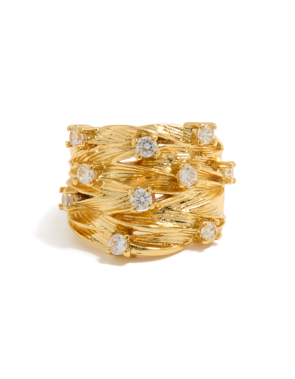 Designed with gold plated construction, this chunky lined ring showcases statement style in front view