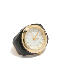 Statement ring watch featuring white dial round shape women's casual analog design in gold watch face detail view - link has visual effect only