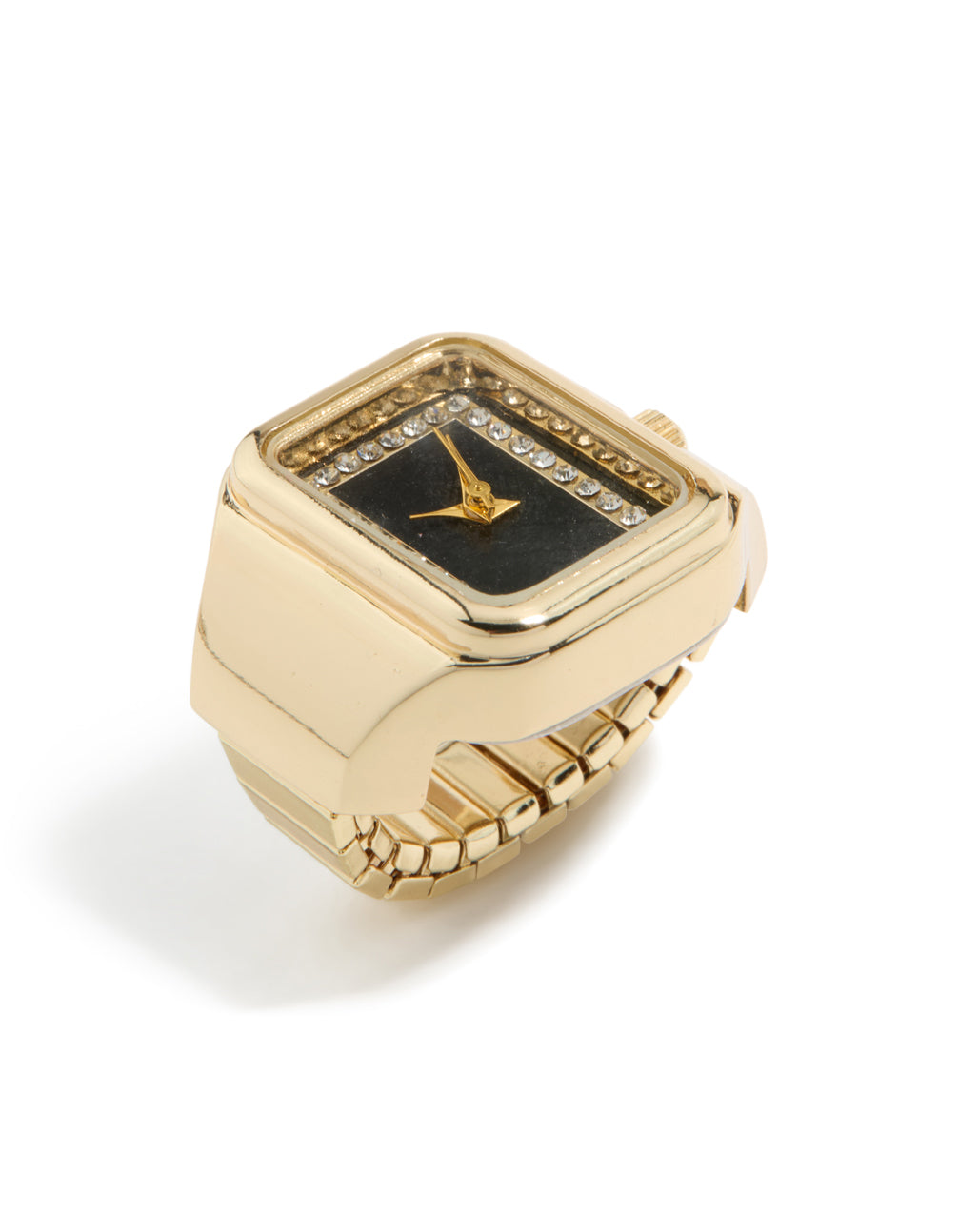 Crafted with gold modern square watch ring design featuring black and silver details side detail view