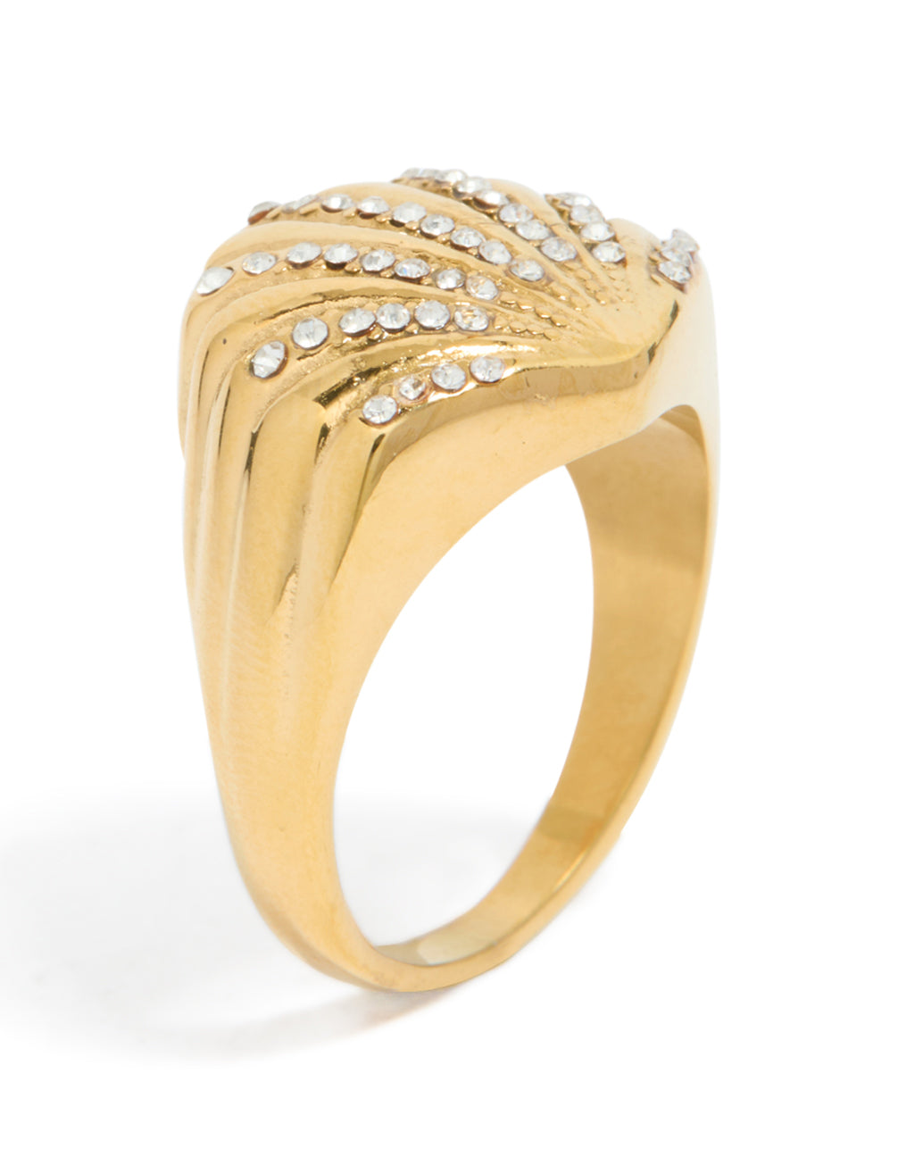 Designed with waterproof gold plated stainless steel, this shell large ring showcases ocean-inspired in chunky style and white accents close up view