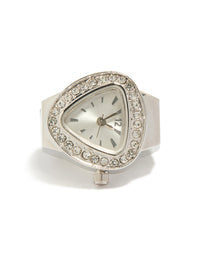 Elegant statement watch ring with stone look dial in grey, analog type, casual occasion, link band strap in silver for women front view - link has visual effect only