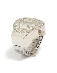 Elegant statement watch ring with stone look dial in grey, analog type, casual occasion, link band strap in silver for women front view - link has visual effect only