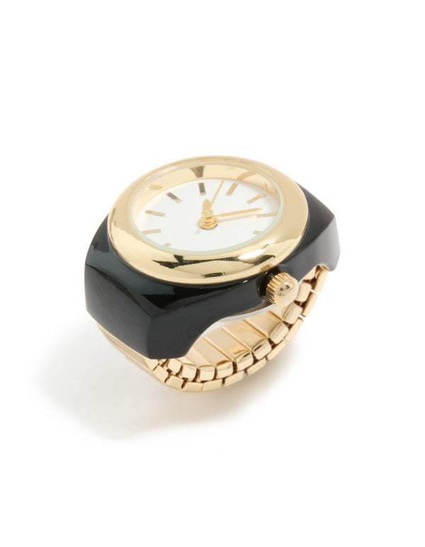 Crafted in gold and black steel, this watch ring features a white dial, round shape, analog movement, designed for women's casual wear with statement style front view
