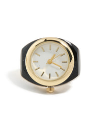 Featuring a gold and black steel watch ring with white dial, round shape, analog movement for women's casual occasions in statement style watch face detail view - link has visual effect only
