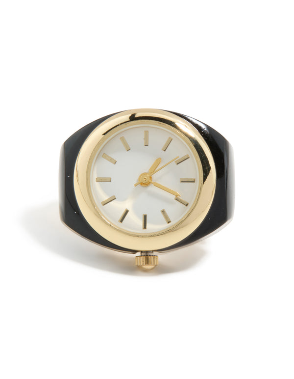 Featuring a gold and black steel watch ring with white dial, round shape, analog movement for women's casual occasions in statement style watch face detail view