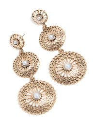 Antique Gold Graduating Disc & Pearl Drop Earrings - link has visual effect only