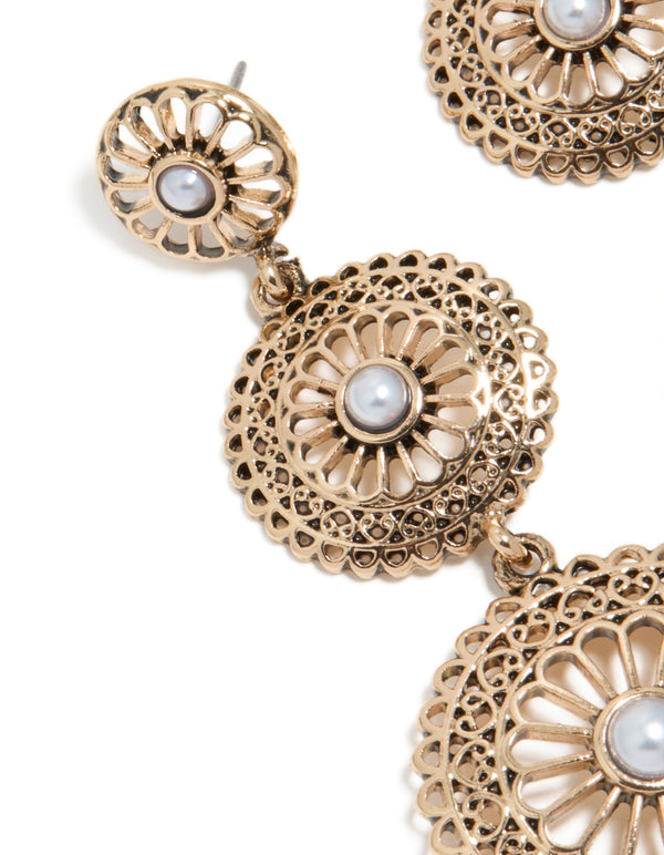 Antique Gold Graduating Disc & Pearl Drop Earrings